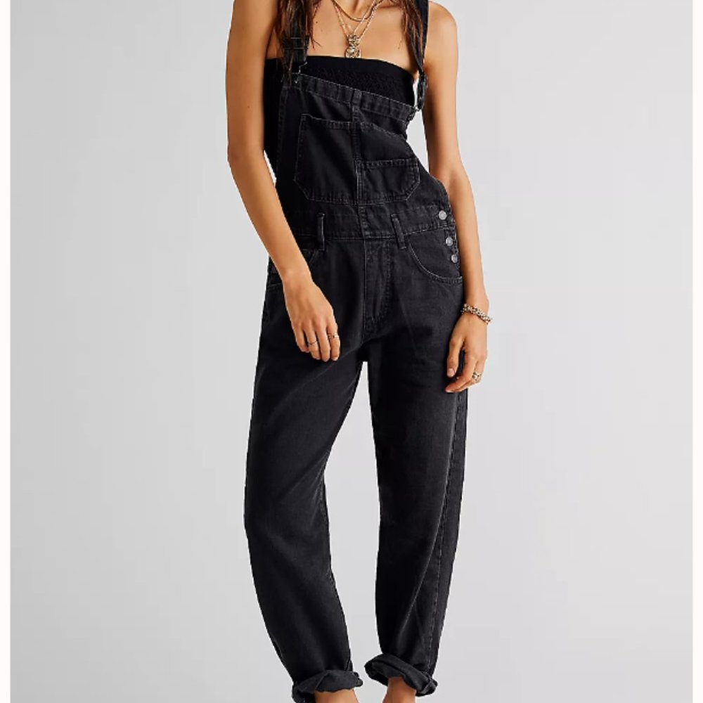 Free People Ziggy Washed Black Denim Overalls